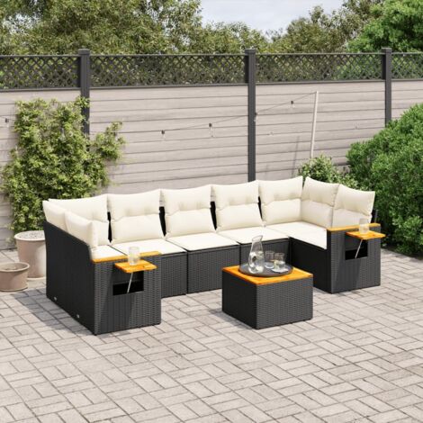 Ensemble Jardin 8 Places Noir Résine Tressée avec Coussins Crème - Salon Extérieur Modulaire avec Table Acacia et Rangement Intégré (1/3)
