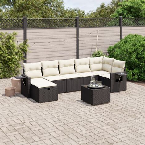 Salon de Jardin 8 Places Noir Résine Tressée avec Table Verre Trempé et Coussins Crème - Ensemble Modulaire Jardin (1/4)