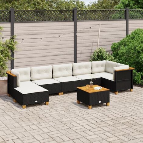 Ensemble Salon Jardin 8 Places Noir Résine Tressée avec Table Acacia et Coussins Crème - Mobilier Extérieur Modulaire (1/5)