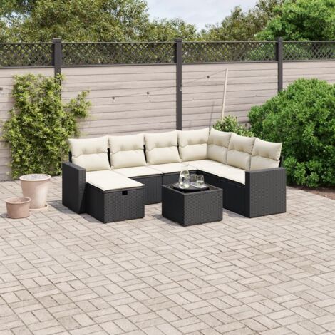 Ensemble jardin 8 places résine tressée noir avec table verre trempé et coussins crème - Salon extérieur modulaire (1/4)