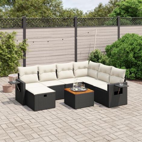 Ensemble de Jardin 8 Places en Résine Tressée Noire avec Coussins Crème - Salon d'Extérieur Modulaire avec Table Acacia (1/4)