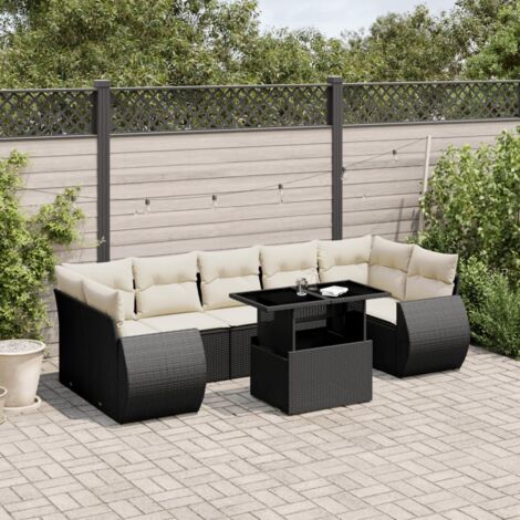 Ensemble Salon Jardin 8 Places Noir Résine Tressée avec Table Réglable et Coussins Détachables (1/5)