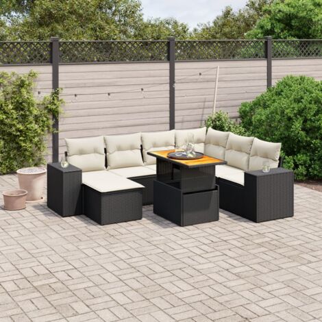 Ensemble Salon Jardin 8 Places Noir Résine Tressée avec Table Réglable et Coussins Crème - Meuble Extérieur Modulaire (1/3)