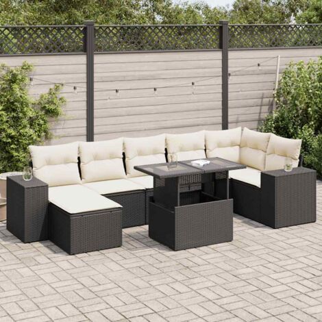 Ensemble jardin 8 places résine tressée noir avec coussins crème - Salon extérieur modulaire rangement intégré table réglable (1/5)
