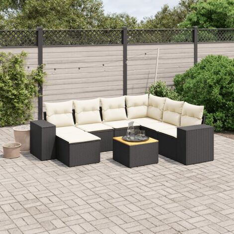 Ensemble Salon Jardin 8 Places Noir Résine Tressée avec Table Acacia et Coussins Crème - Meuble Extérieur Modulaire avec Rangement (1/3)