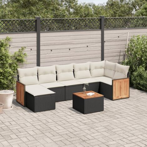 Ensemble Salon Jardin 8 Places Noir Résine Tressée avec Coussins Crème, Table Acacia et Fonction Rangement Modulaire (1/3)