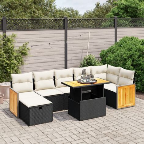 Ensemble Jardin 8 Places Noir Résine Tressée avec Coussins Crème - Salon Extérieur Modulaire Table Réglable (1/4)