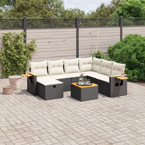Ensemble de Jardin 8 Places en Résine Tressée Noir avec Coussins Crème - Salon d'Extérieur Modulaire avec Table Acacia (1/4)
