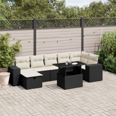 Ensemble Salon Jardin 8 Places Noir Résine Tressée avec Table Verre Trempé et Coussins Crème Amovibles (1/5)