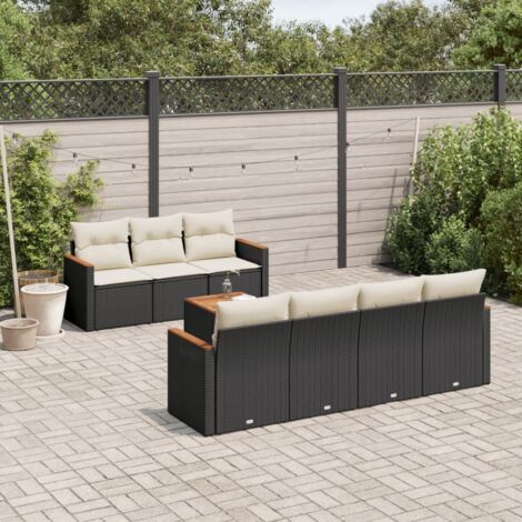 Ensemble de jardin 8 places en résine tressée noire avec table acacia et coussins crème, modulaire rangement intégré (1/3)