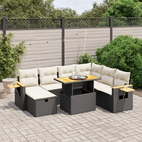 Ensemble jardin 8 places résine tressée noir avec coussins crème - Table extensible acacia et rangements intégrés (1/4)