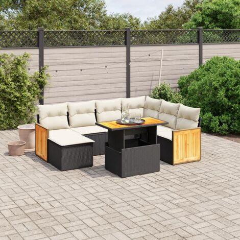 Ensemble Salon Jardin 8 Places Noir Résine Tressée avec Table Réglable et Coussins Crème - Meuble Extérieur Modulaire (1/3)