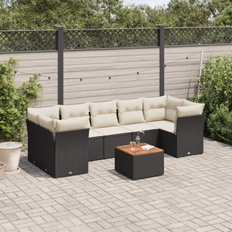 Canapé de Jardin 8 Places Résine Tressée Noire avec Coussins Crème - Ensemble Salon Extérieur Modulaire avec Table Acacia et Rangement Intégré (1/5)