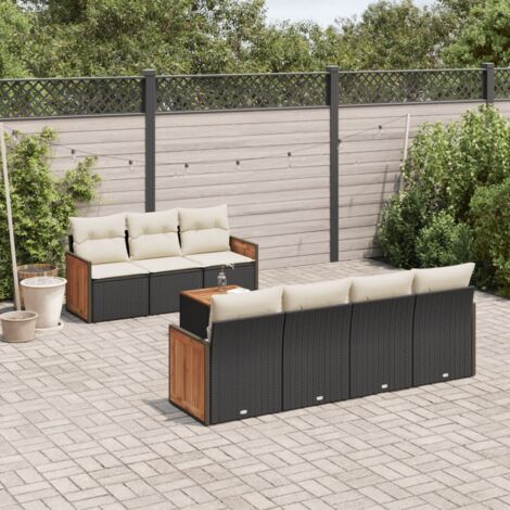 Ensemble Salon Jardin 8 Places Noir Résine Tressée avec Coussins Crème - Table Acacia, Stockage Intégré, Modulaire (1/3)