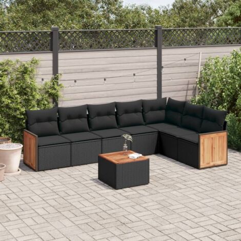 Ensemble Salon Jardin 8 Places Noir Résine Tressée avec Coussins - Table Acacia, Stockage Intégré, Modulaire (1/3)