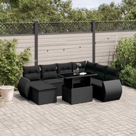 Ensemble de jardin 8 places en résine tressée noire avec coussins - Salon extérieur modulaire avec table réglable et repose-pieds