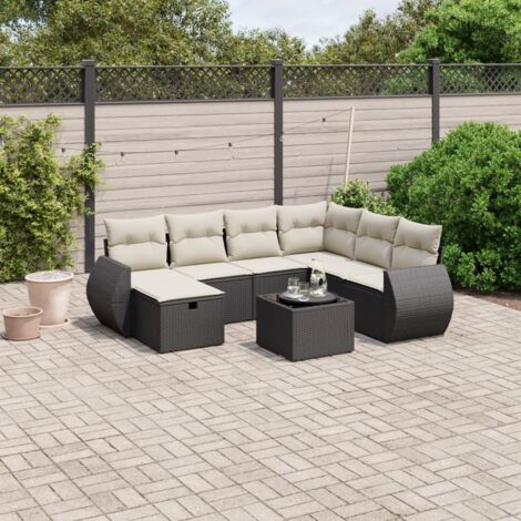 Salon de Jardin 8 Places Noir Résine Tressée avec Table Verre Trempé et Coussins Blanc Crème - Ensemble Modulaire Jardin Terrasse (1/4)