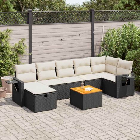 Ensemble de Jardin 8 Places en Résine Tressée Noire avec Coussins Crème - Salon d'Extérieur Modulaire avec Table Acacia et Espace de Rangement (1/5)