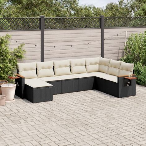 Ensemble Salon Jardin 8 Places Noir Résine Tressée avec Coussins Crème - Canapé d'Angle Modulaire avec Rangement et Table d'Appoint Acacia (1/3)