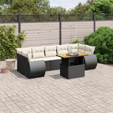 Ensemble Salon Jardin 8 Places Noir Résine Tressée avec Table Acacia et Coussins Crème (1/3)