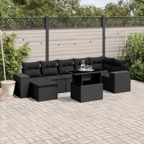Ensemble de jardin 8 places en résine tressée noir avec coussins - Table extensible verre trempé - Meuble extérieur modulaire (1/5)