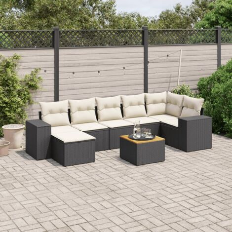 Ensemble Salon Jardin 8 Places Noir Résine Tressée avec Coussins Crème - Table Acacia et Espaces Rangement (1/3)