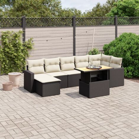 Ensemble de Jardin 8 Places en Résine Tressée Noire avec Table Réglable et Coussins Crème - Salon d'Extérieur Modulaire (1/3)