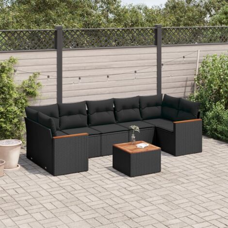 Ensemble Salon Jardin 8 Places Noir Résine Tressée avec Table Acacia et Coussins Amovibles - Stockage Intégré et Design Modulaire (1/3)