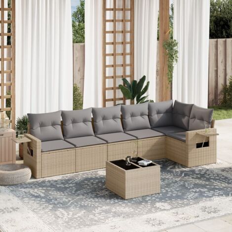 Salon de jardin 7 pièces en résine tressée beige avec coussins lavables, rangement intégré et table en verre trempé (1/3)