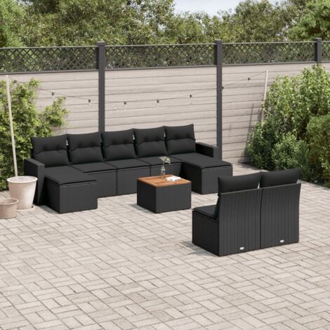 Ensemble Salon Jardin 10 Places Résine Tressée Noir avec Coussins - Table Acacia, Modulaire, Housse Lavable (1/3)