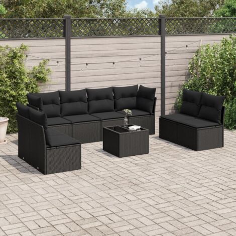 Ensemble Jardin 9 Places Noir Résine Tressée avec Table Verre Trempé et Coussins Confortables (1/3)