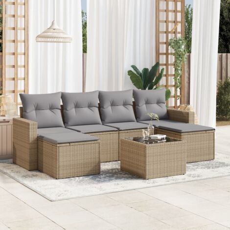 Salon de jardin 7 pièces en résine tressée beige avec coussins lavables, table en verre trempé et design modulaire (1/3)
