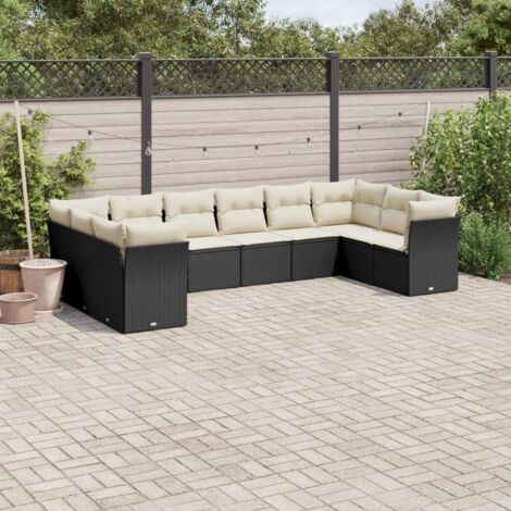 Ensemble Salon Jardin 10 Places Résine Tressée Noir avec Coussins Crème - 6 Sièges Centraux + 4 Coins (1/5)
