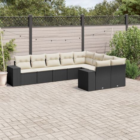 Ensemble Salon Jardin 9 Places Noir Résine Tressée avec Coussins Crème - Meuble Extérieur Modulaire (1/5)