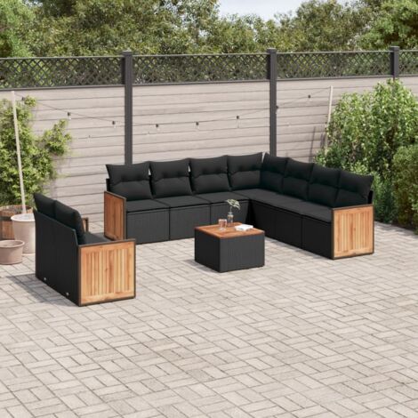 Ensemble de jardin 10 places en résine tressée noire avec coussins - Salon extérieur modulaire acacia (1/5)