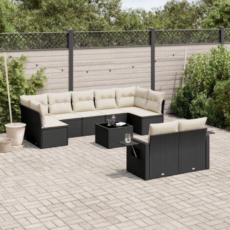 Ensemble salon jardin 10 places résine tressée noir avec coussins crème, rangement intégré, modulaire, table et repose-bras (1/3)