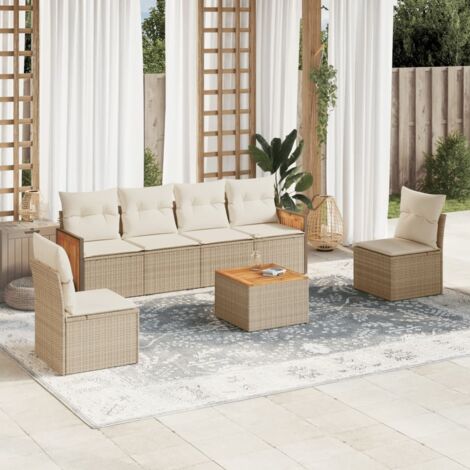 Canapé de jardin 7 pièces en résine tressée beige avec coussins amovibles, table en acacia – salon modulaire extérieur (1/5)