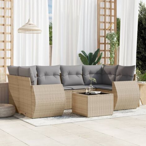 Canapé de jardin 7 pièces en résine tressée beige avec coussins gris – Table en verre trempé, modulable et résistant aux UV (1/5)