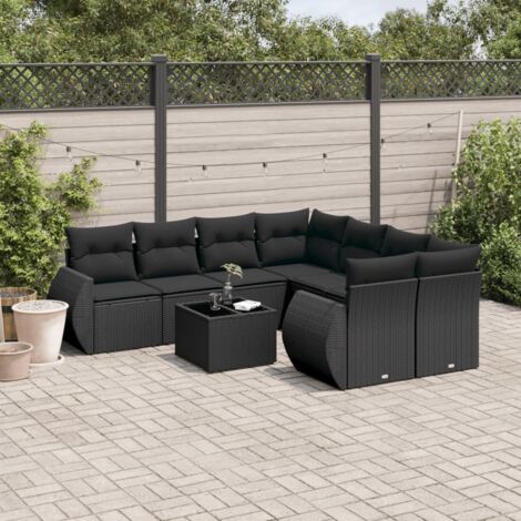 Ensemble de jardin 9 places en résine tressée noir avec table verre trempé et coussins déhoussables (1/5)