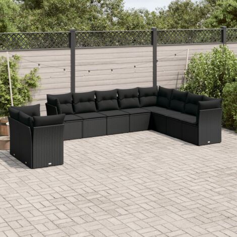Ensemble Salon Jardin 10 Places Noir Résine Tressée avec Coussins et Rangement Modulaire (1/3)