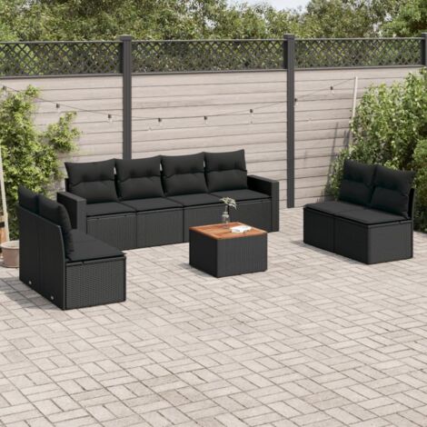 Ensemble Salon Jardin 9 Places Noir Résine Tressée - 6 Sièges + 2 Canapés + Table Acacia avec Coussins Lavables et Rangement Intégré (1/5)