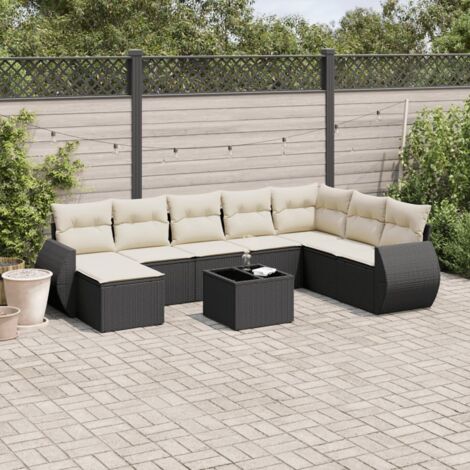 Ensemble Jardin 9 Places Noir Résine Tressée avec Table Verre Trempé et Coussins Lavables (1/3)