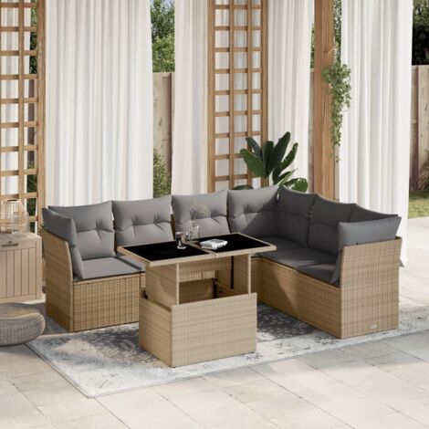 Salon de jardin 7 pièces en résine tressée beige avec coussins gris – table réglable, sièges modulaires, acier époxy et verre trempé (1/5)