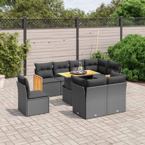 Ensemble Salon Jardin 9 Places Noir Résine Tressée - Canapé d'Angle Modulable avec Coussins Amovibles et Table Réglable (1/3)