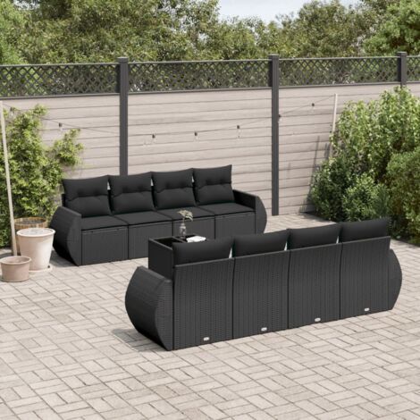 Ensemble de jardin 9 places en résine tressée noire avec coussins - Salon extérieur modulaire avec table en verre trempé (1/5)