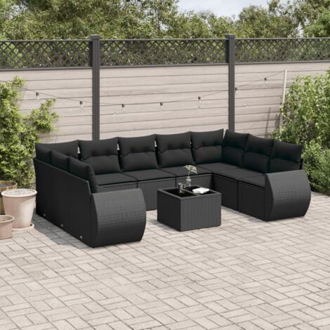 Ensemble Salon Jardin 10 Places Noir Résine Tressée avec Table Verre Trempé et Coussins Confortables (1/5)