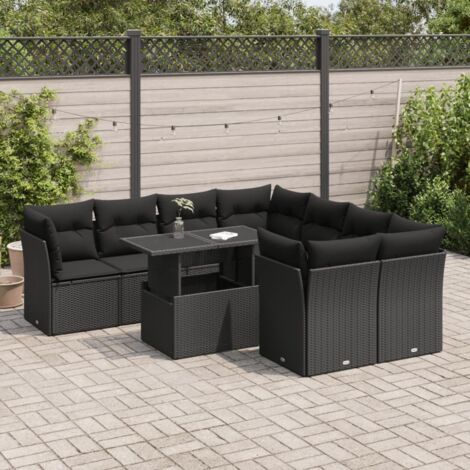 Salon de Jardin 9 Places en Résine Tressée Noir avec Table Réglable et Coussins - Ensemble Canapé d'Extérieur avec Rangement Intégré (1/5)