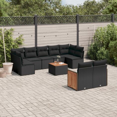 Ensemble Salon Jardin 10 Places Noir Résine Tressée avec Coussins - Table Acacia - Meuble Extérieur Modulaire (1/5)
