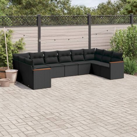 Ensemble Salon Jardin 10 Places Noir Résine Tressée avec Coussins - Meuble Extérieur Modulaire Stockage (1/3)