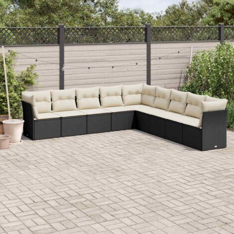 Ensemble Salon Jardin 9 Places Noir Résine Tressée avec Coussins Crème - 6 Sièges Centraux + 3 Coins - Modulaire Résistant aux UV (1/3)